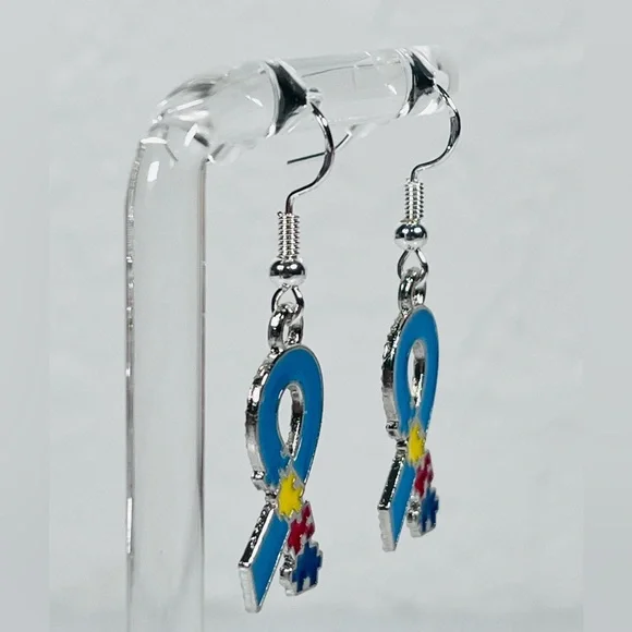 Autism Puzzle Piece Ribbon Earrings - Picture 2 of 8